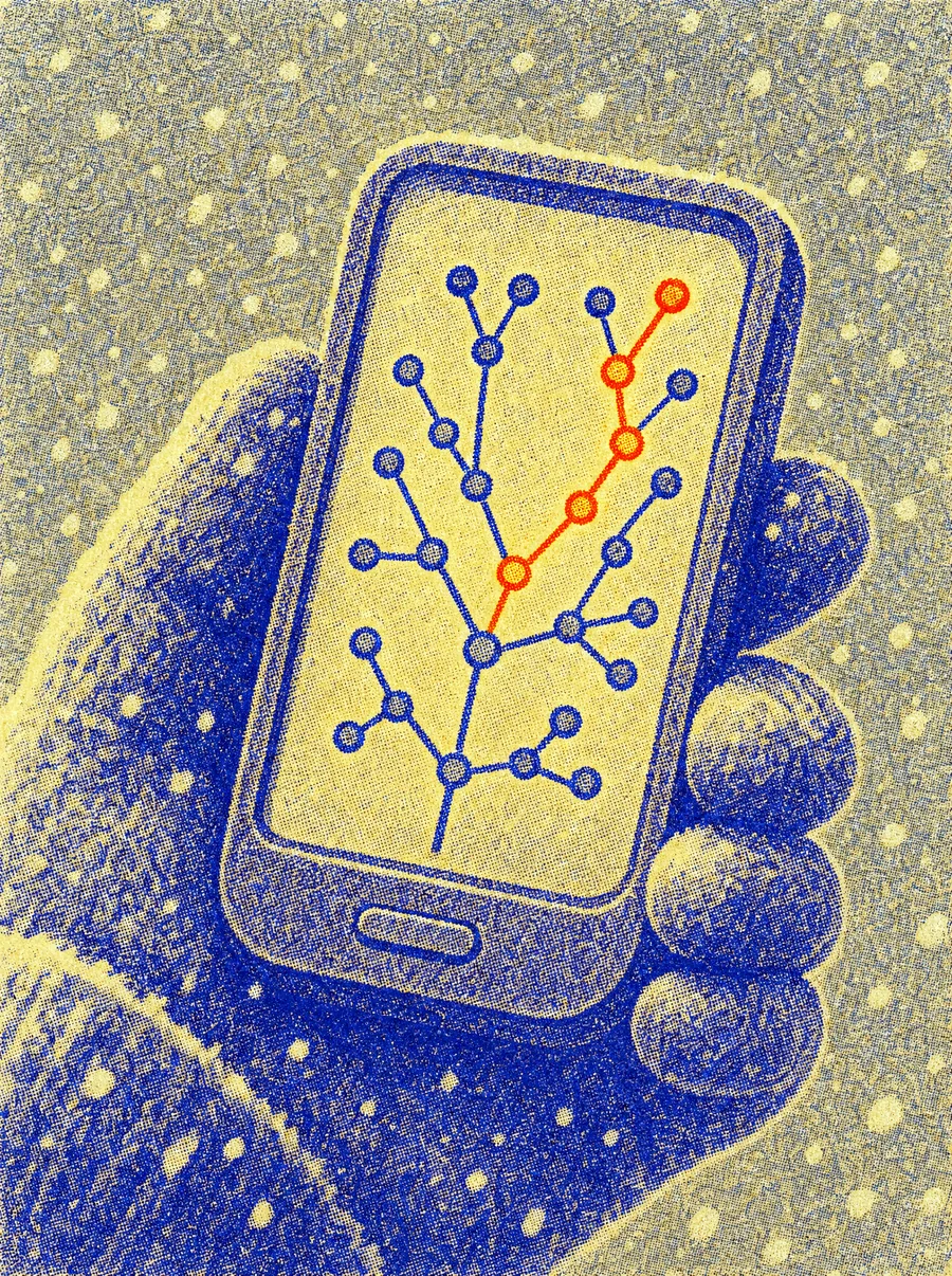 A gloved hand holding a device that shows a funding graph